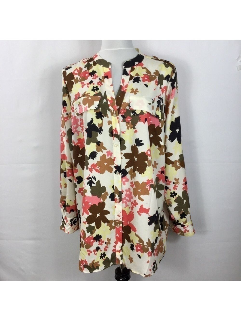 Calvin Klein Floral Print Y-Neck Long Roll-Tab Sleeve Button Front Top Size 1X